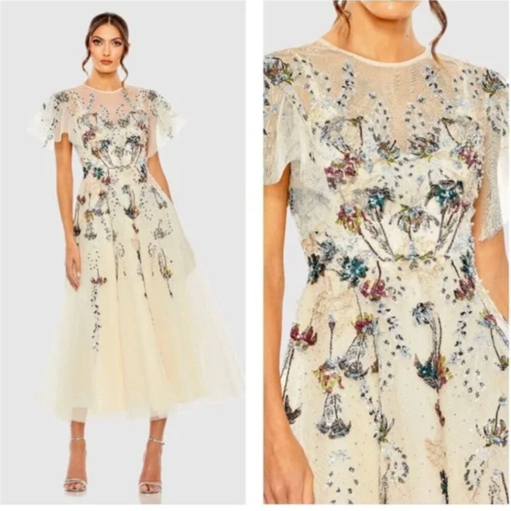 Mac Duggal 20510 NWT Nude Flutter Sleeve High Neck Embellished Floral Dress